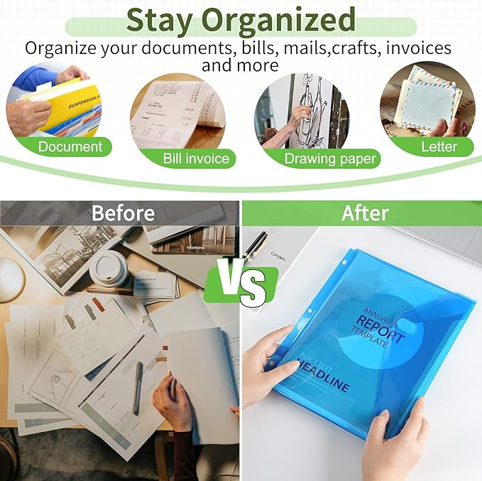 Sooez 30 Pack Binder Folders Organizer with Space-Saving Closure, Super Heavyweight Binder Pockets for 3 Ring Binders, High Capacity Binder Pouch, Side Loading, School Supplies, Letter Size, 5 Color