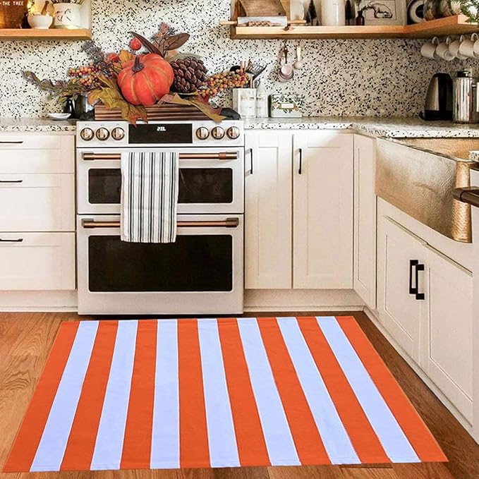 CAINANEL Fall Outdoor Rug 3' x 5' Orange and White Striepd Rug Front Door Mat Halloween Thanksgiving Fall Autumn Home Decor, Layerd Welcome Doormat for Front Porch Decor, Front Door, Farmhouse Decor