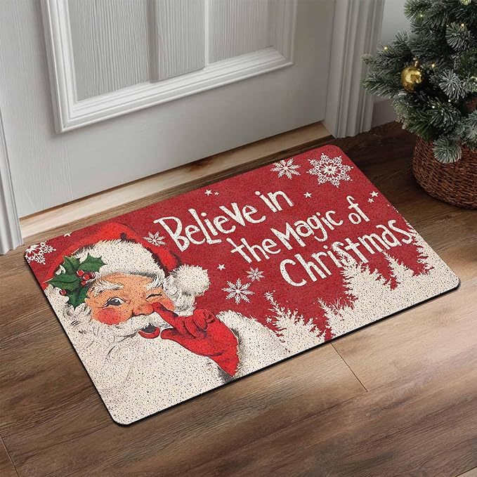 InterestPrint Merry Christmas Doormat Red Christmas Santa Claus Decorative Doormat Indoor Outdoor Entrance Xmas Winter Welcome Door Mat Anti-Slip Rubber for Seasonal Holiday Decortion, 18" x 30"Inch