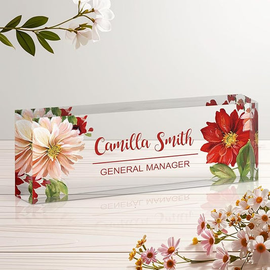 Ship Next Day Personalized Name Plate for Desk, Custom Acrylic Desk Name Sign, Office Appreciation Gifts for Women Men Coworkers Boss Teacher Employee (Flower-Lotus)