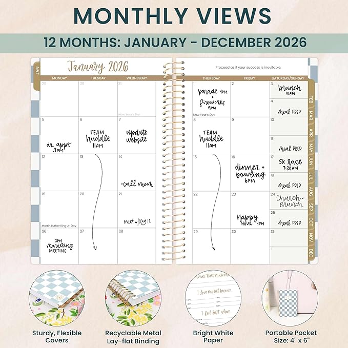 bloom daily planners 2026 Pocket Planner - 4” x 6” - (January 2026 - December 2026) - MINI Weekly/Monthly Agenda Organizer & Calendar Book - Checkered
