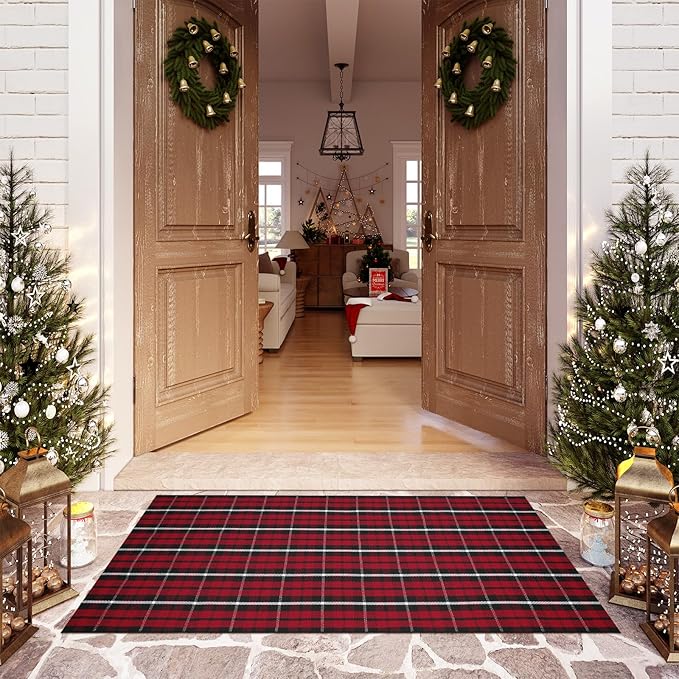 OJIA Washable Outdoor Rug 3'x5', Christmas Door Mats Outdoor Area Rug Red Plaid Rug Entryway Rugs Indoor Door Mat Front Porch Rug Cotton Floor Carpet for Entry/Patio/Bedroom/Living Room