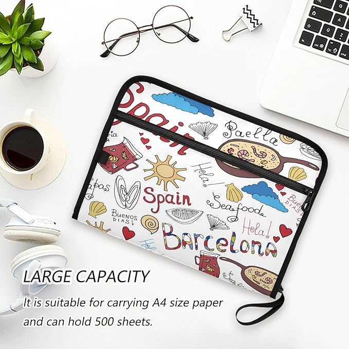 Cute Barcelona Sketch 13 Pockets File Folders Expanding File Folder with Sticky Labels Accordion File Folder with Safe Zipper Document Organizer for Letter A4 Size Paper,Document