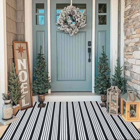 Black and White Striped Outdoor Rug Front Porch Rug 35.4'' x 59'' Front Door Mat Cotton Hand-Woven Reversible Mats for Outdoor,Entryway,Laundry Room,Farmhouse,Kitchen