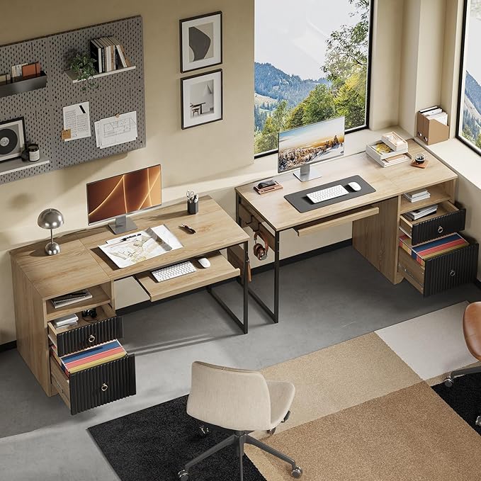 Bestier 55 Inch Computer Desk with Keyboard Tray, Modern Office Desk with Storage, Wood Writing Desk with File Drawer, Fluted Panel & 2 Hooks for Home Office & Studio, Natural Oak