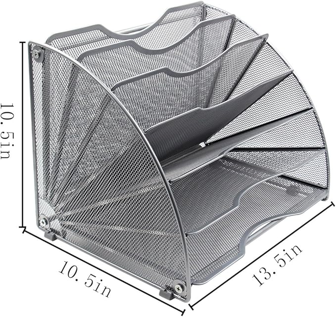 EasyPAG Desk File Organizer, 6-Section Vertical File Folder Holder Stand, Fan-Shaped Metal Rack File Sorter for Office Classroom Desktop Organization, Silver