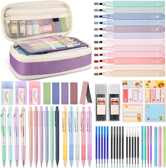 DazSirit 62 PCS Aesthetic School Supplies with Foldable Pencil Case, 12 Pastel Highlighters, 4 Erasable Pens, 5 Gel Pens, 6 Mechanical Pencils, Sticky Notes, Complete Stationery Kit, Purple