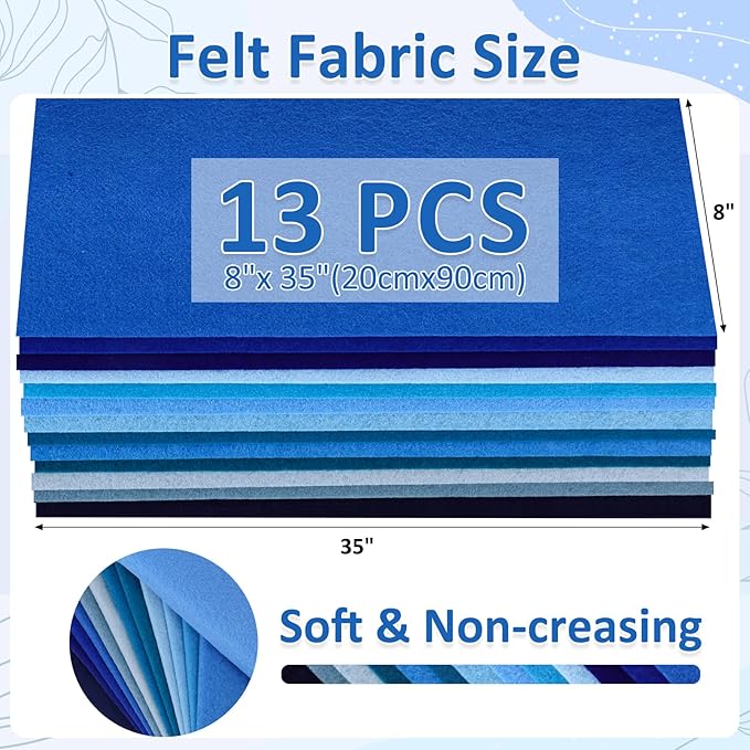 XSEINO 13 Rolls 8"x35" 1.4mm Thick Soft Felt Fabric Sheet 13 Assorted Blue Series Colors Felt Pack Pastel Felt Sheets for DIY Craft Sewing Squares Nonwoven Patchwork