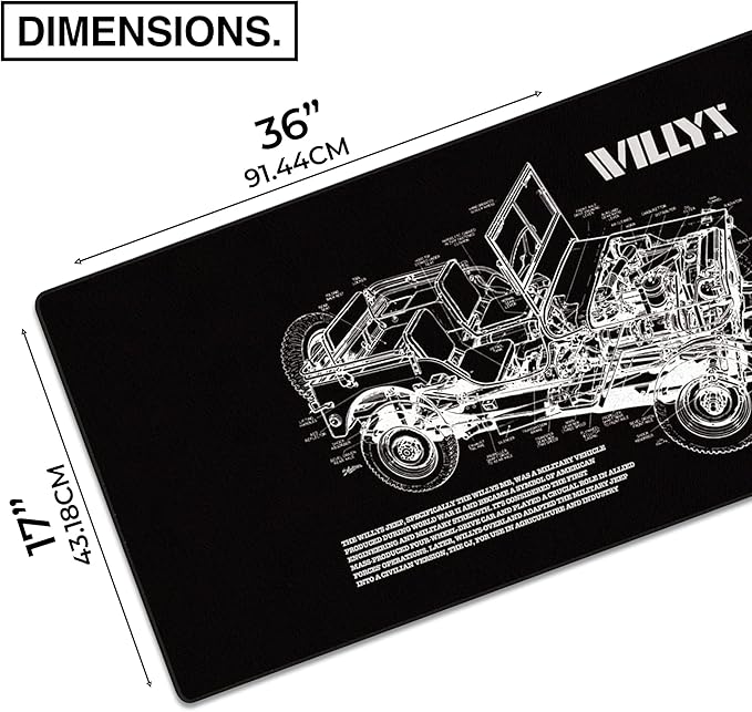 MPCO. Blueprints Large Gaming Desk Pad - 36" x 17" Duraglyde Fabric Willys Jeep – Black Desk Mats - Non-Slip, Washable, Smooth Glide for Precision Gaming & Work