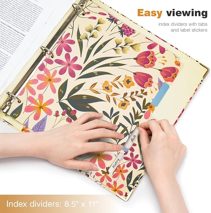 Ospelelf 3 Ring Floral Binder with Dividers, 1 inch Rings, 1.6 inch Spine, for Letter Size (11" x 8.5") Paper, Clipboard Organizer, for School and Office Supplies