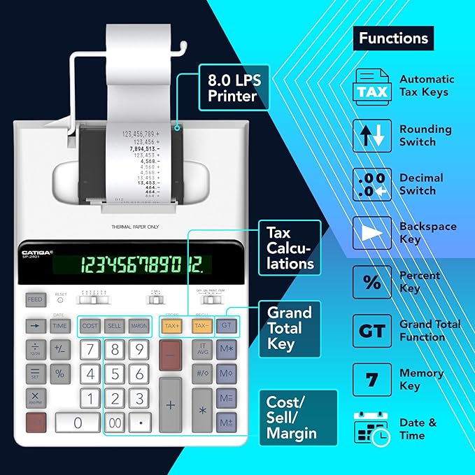 CATIGA 12 Digit Thermal Printing Calculator with Tape Print Out, Ink-Free Adding Machine, 5X Faster Quite at 8.0 LPS, Extra Large Fluorescent Display, Tax Calculation with Clock and Calendar, SP-2401
