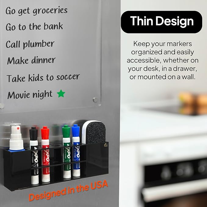 Slim Magnetic Dry Erase Marker Holder for Whiteboard, Space Saving Pen Organizer with Glass and Wall Mount Accessories for Fridge, Office, and School. Markers, Eraser, Cleaner Not Included (Black)
