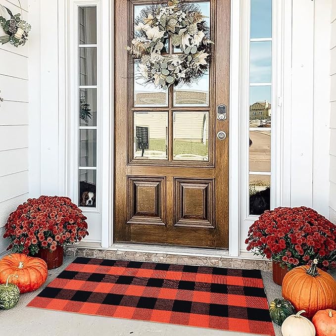 Buffalo Plaid Outdoor Rugs, 2'x4'3'' Orange and Black Checkered Indoor/Outdoor Area Rug, Layering Rug for Hello/Welcome Door Mat, Washable Cotton Woven Farmhouse Mat for Fall Front Porch Décor