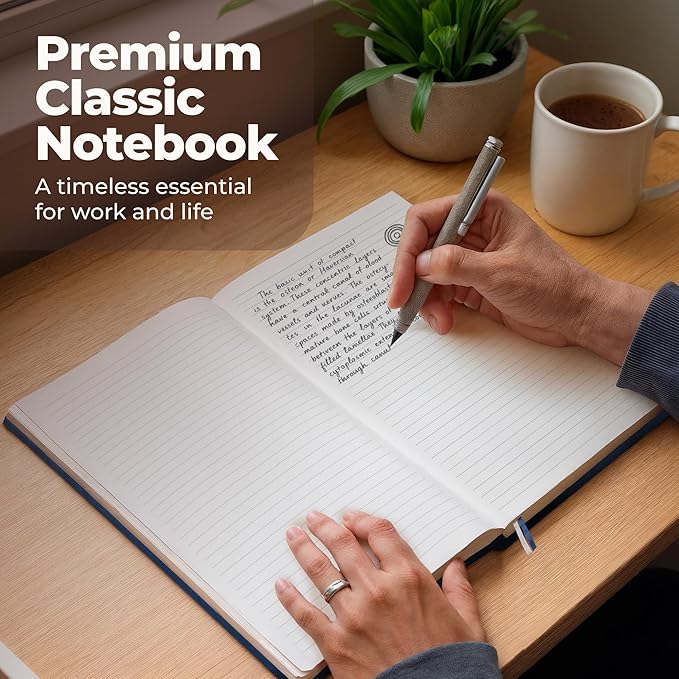 Classic Lined Journal Notebook 8.5x11" A4 Hardcover Leather - Blue - 200 Pages College Ruled Large with Sticky Tabs, Pockets, and Pen Loop for Writing and Journaling - Big Hardback Men and Women