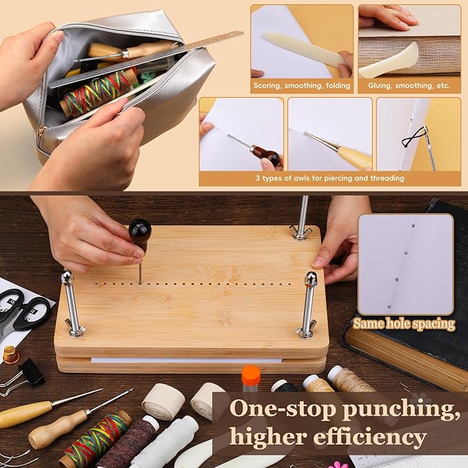 JUPEAN Bookbinding Kit, Book Making Kit, Bookbinding Punching Guide Set, 11.6”x7.9” Hole Punching Book Press Books Binding Materials with Bone Folder Awl Binding Strap for Craft DIY
