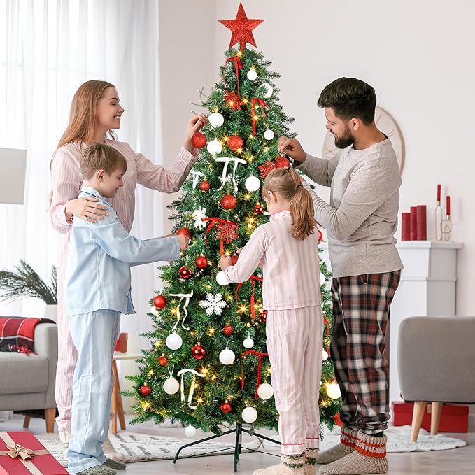 86Pcs Led Light Red and White Christmas Tree Decorations Set 100 Led Light Christmas Star Trees Topper with String Lights Xmas Balls Snowflakes Ornaments Bows Xmas Trees Decor 20m Light String