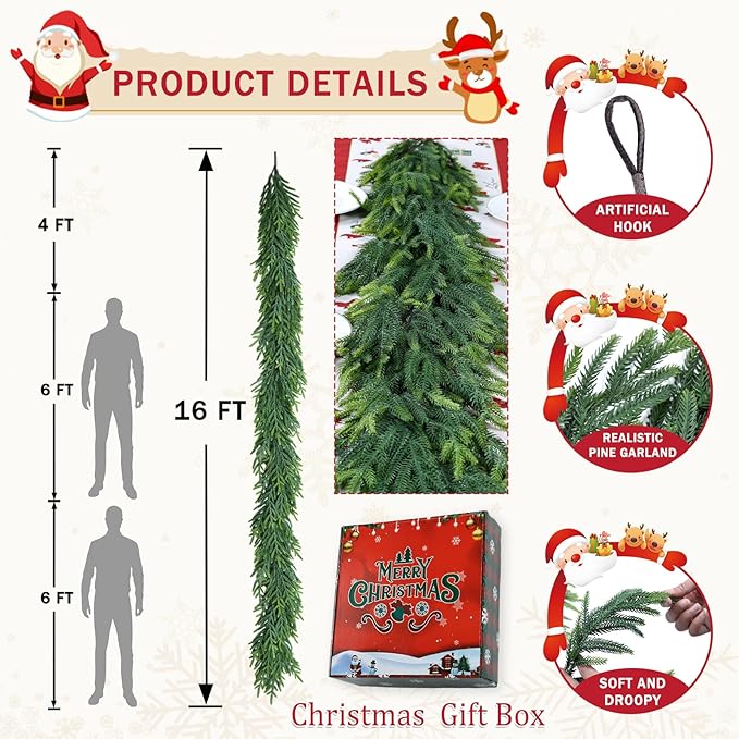 16 Ft Christmas Cedar Garland for Staircase Railing Real Touch Soft Bendable Faux Winter Xmas Greenery Pine Garlands Mantle Garland for Decoration for Window Fireplace Door Railing Wall Home Decor