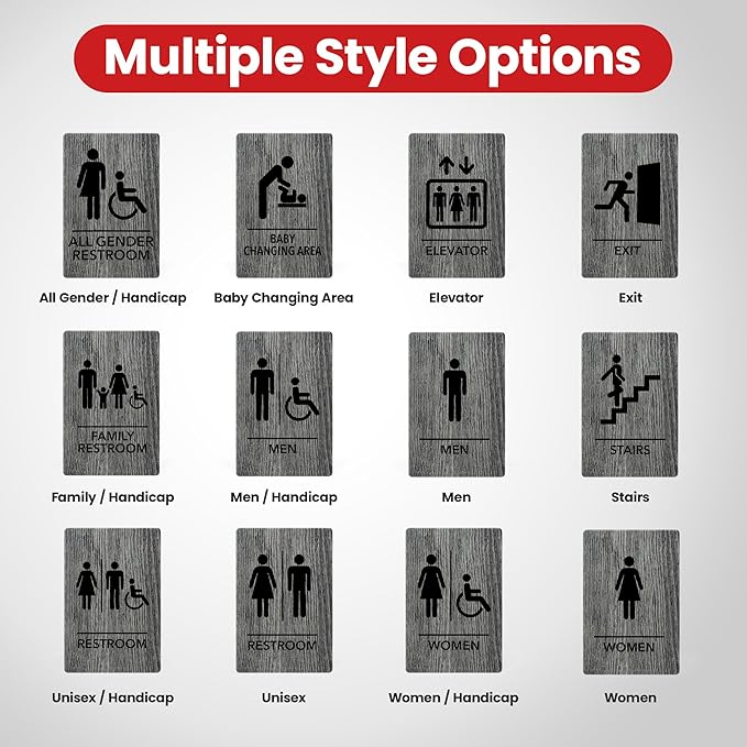 Promot All Gender Handicap Bathroom Sign – ADA Braille Restroom Sign for Business, Self-Adhesive, 9" x 6", Commercial Door Signage, Office Wall Decor - Classic Grey