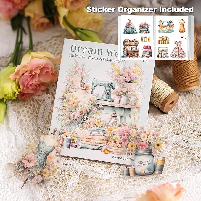 90Pcs Retro Sewing PET Stickers, Vintage Ephemera for Scrapbooking, Journaling Supplies, DIY Crafts, and Junk Journals, with Organizer