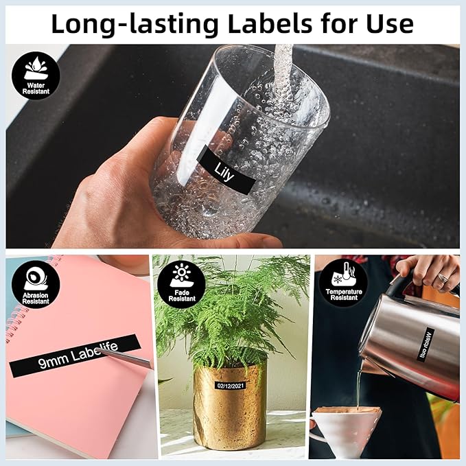 Labelife 9mm Label Tape White on Black Replace for Brother TZe TZ Tape 9mm 0.35" Laminated TZe-325 TZe325 Label Maker Tape 3/8'' for P Touch PT-D210 PT-D220 PT-D200 PT-H110 PT-D400 PT-D610BT