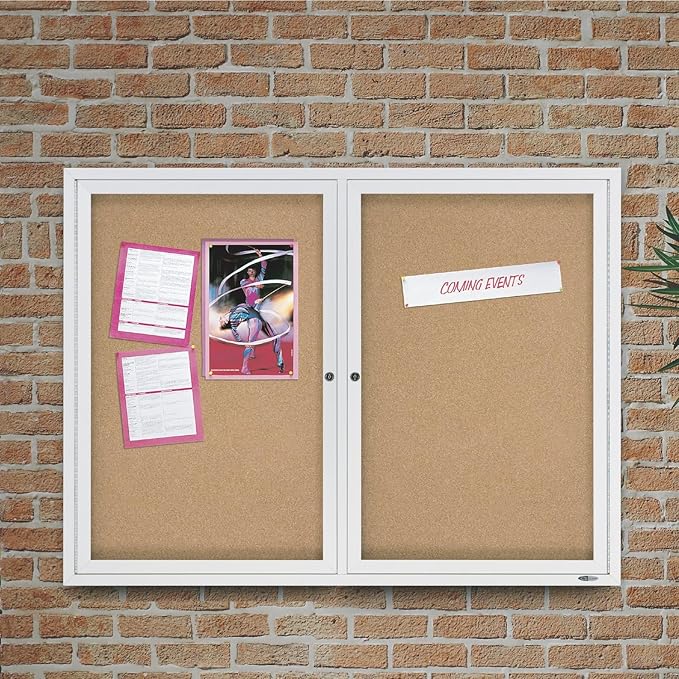 Quartet Cork Bulletin Board, 2 Glass Doors, Enclosed, 4' x 3', Outdoor Message Board, Aluminum Frame (2124)