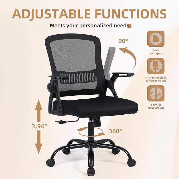 Office Chair, Ergonomic Desk Chair with Lumbar Support, Breathable Mesh Chair with Flip-up Armrests and Mid Back, Comfy Task Computer Height Adjustable Swivel Chair (8, Black)