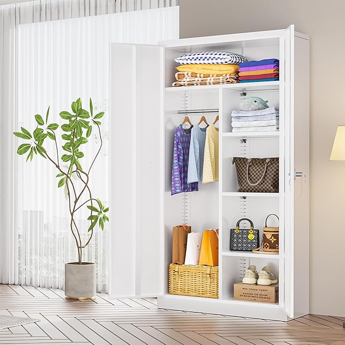 INTERGREAT Metal Storage Cabinet with Lock,White Armoire Wardrobe Closet with Lockable Doors,72" H Storage Closet Cabinets for Home,School,Office,Bedroom