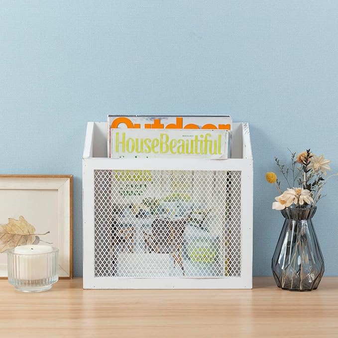 MyGift Rustic Magazine Holder Vintage White Wood and Chicken Wire Design Wall Mounted/Tabletop Mail Sorter, Farmhouse Home, Bathroom, Office Magazine Rack