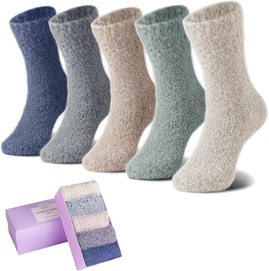 SISOSOCK 5 Pairs Fuzzy Soft Cozy Fluffy Socks for Women, Casual Warm Sleep Comfy Socks, Thick Winter Plush Gifts for Women