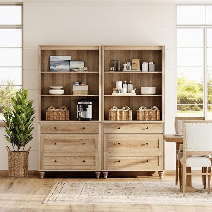 WAMPAT 3 Tier Bookshelf with 3 Drawers, 72" Tall Bookcase Large Farmhouse Display Book Case Shelf with 3-Tier Open Book Shelfs，Library Wood Bookshelves for Living Room,Kitchen, Oak(2PCS)