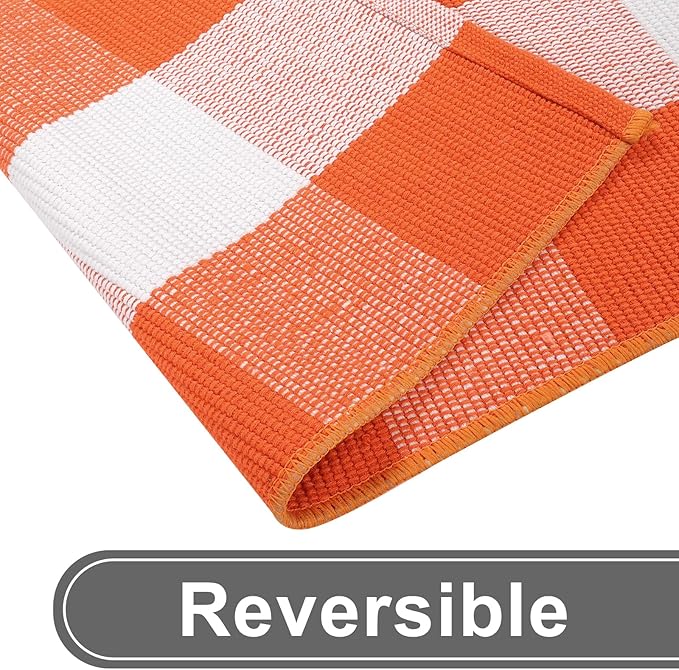KIMODE Fall Door Mat Outdoor Orange and White 24"x51",Halloween Doormat,Washable Cotton Buffalo Plaid Check Front Door Rug for Layering Rugs,Halloween Porch Decorations,Entryway,Farmhouse