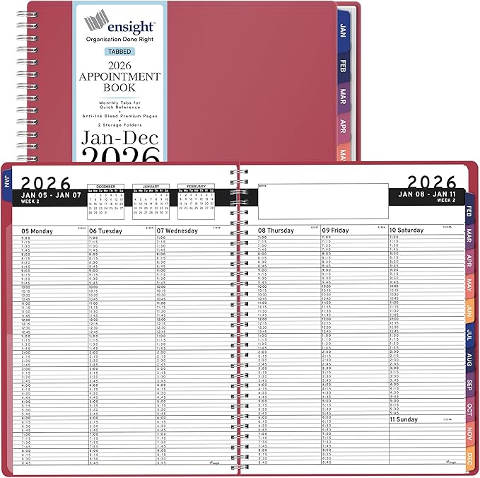 Ensight 2026 Appointment Book and Planner 8.5" x 11" Large Hourly Weekly Daily Schedule Book with Tabs, 15 Minute Time Slots, Maroon Calendar Organizer Jan 2026–Dec 2026 Appointment Planner - Maroon
