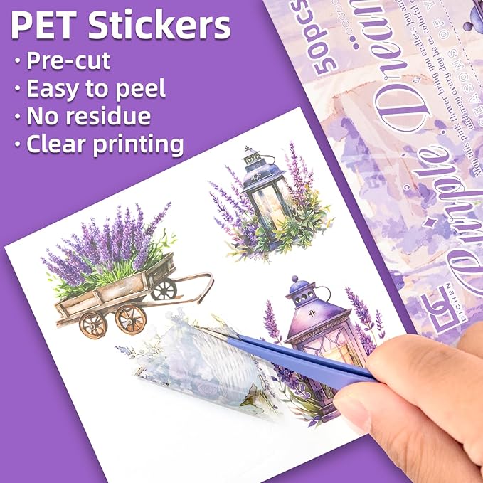 Purple Theme Sticker Scrapbooking Supplies for Junk Journal 50 Sheets, Include 25 PET Stickers and 25 Paper of Scene Material Paper - Vintage Journaling Stickers (TZ-006-006)