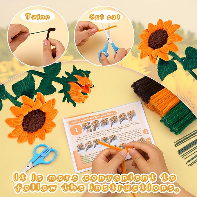 UzecPk 690PCS Pipe Cleaners for Crafts, Pipe Cleaner Sunflower Kit, Pipe Cleaner Flowers Kit with Instructions, Sunflower Pipe Cleaners for Flowers DIY Art and Craft Decorations