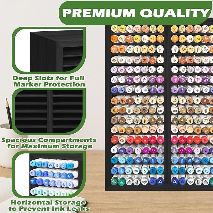 PROLEE Marker Storage Organizer for 224 Markers,Wooden Alcohol Marker Holder with 32 Slots,Markers Pens Pencils Art Supply Storage Rack for Desk Home Classroom Office Decor (Black, 15“x11”x5.2 “)