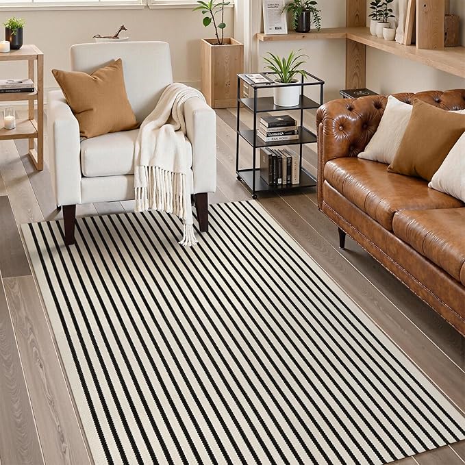 Collive Black and White Striped Outdoor Rug 4'x 6', Washable Cotton Woven Farmhouse Christmas Rug, Layered Welcome Door Mat for Front Porch Deck Bedroom Patio Christmas Decorations