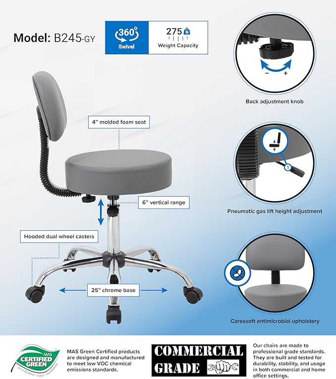 Boss Office Products Be Well Medical Spa Professional Adjustable Drafting Stool with Back, Grey (B245-GY)