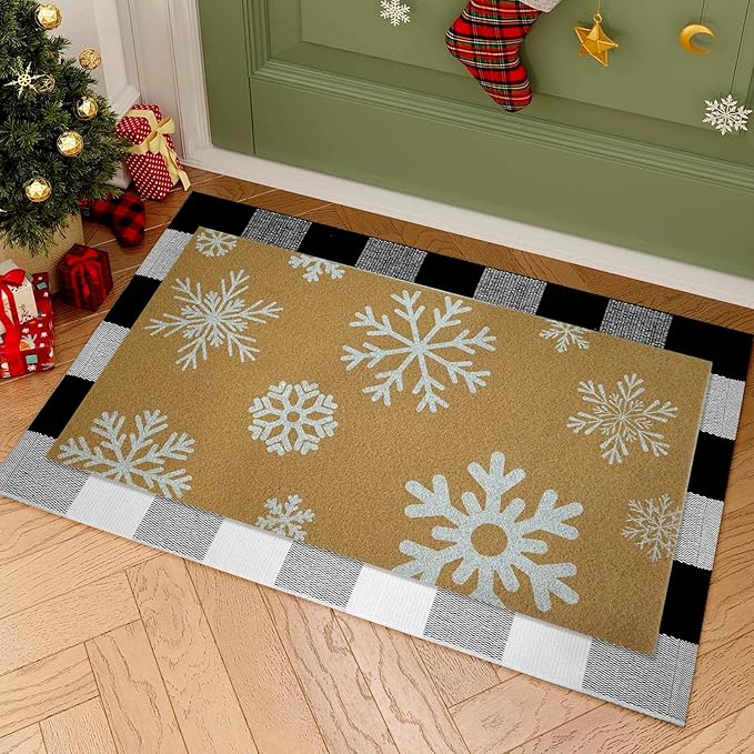 2 Pcs Christmas Welcome Doormats 30 x 17 Inch Winter Snowflakes Coir Door Mats for Front Doors Nonslip 2-in-1 Seasonal Buffalo Plaid Rug for Christmas Holiday Outside Entrance Porch Home Decor