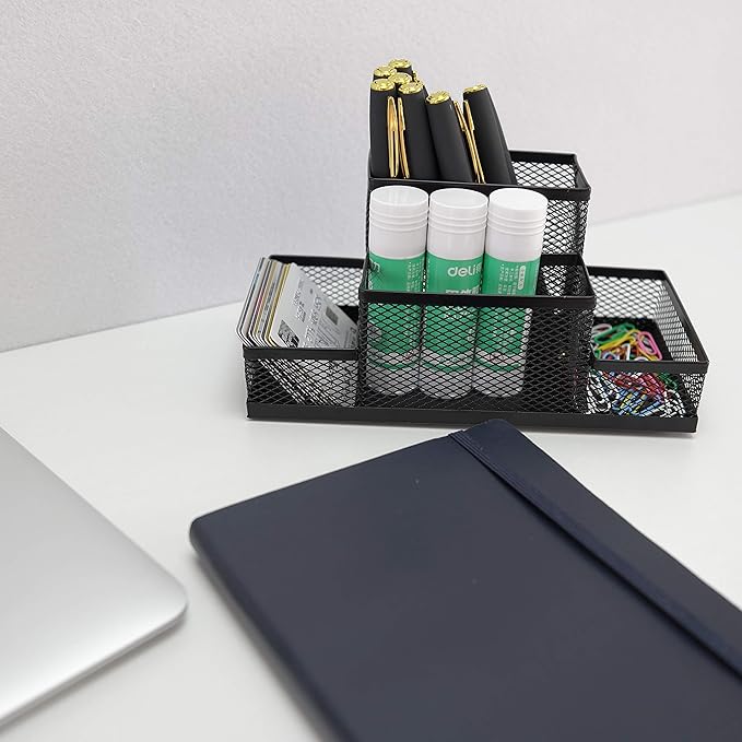 Fengtaiyuan T02 Black-Plus, Big Black Metal Wire Mesh Pencil Holder, Desktop Organizer