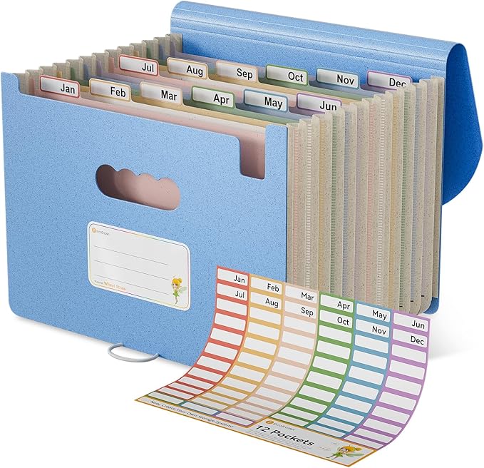 Accordion File Organizer, 12 Pockets Wheat Straw Expanding File Folder, Portable Monthly Paper Bill Tax Receipt Organizer, Letter A4 Size Document Holder，Green Office with Colorful Tab，UN Blue
