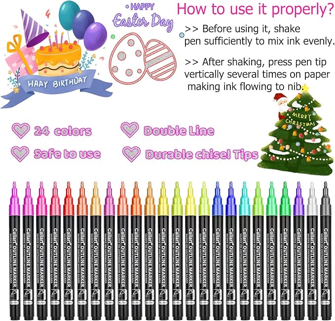 Caliart 24 Colors Outline Shimmer Markers, Glitter Metallic Marker Pens, Stocking Stuffers for Teen Girls Boys Adults Christmas Gifts Trendy Stuff, Cool Fun Craft Drawing Art Supplies Set