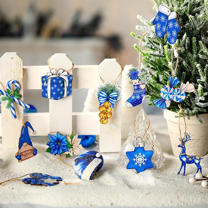Huwena 36 Pcs Blue Christmas Wooden Ornaments Blue Christmas Decorations for Tree Snowman Gnomes Poinsettia Flowers Truck Wreath Wood Cutouts Tags with Ropes Winter Decor for Xmas Tree Gifts