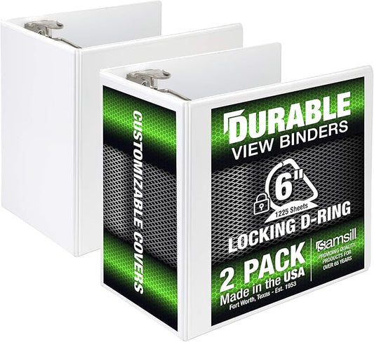 Samsill Durable 6 inch 3 Ring Binder, Made in USA, Locking D Ring FSC 100% Recycled Chipboard, White, 2 Pack