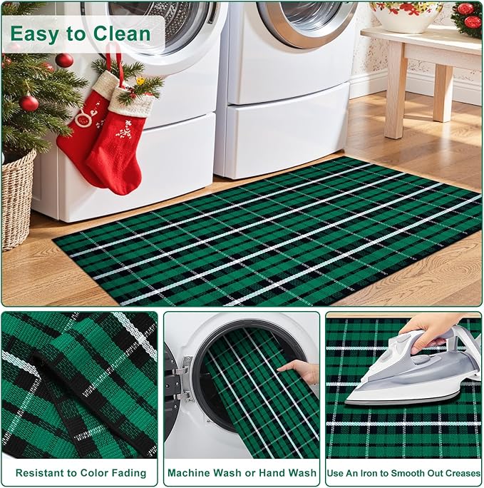 OJIA Washable Outdoor Rug 3'x5', Christmas Door Mats Outdoor Area Rug Green Plaid Rug Entryway Rugs Indoor Door Mat Front Porch Rug Cotton Floor Carpet for Entry/Patio/Bedroom/Living Room/Home Decor