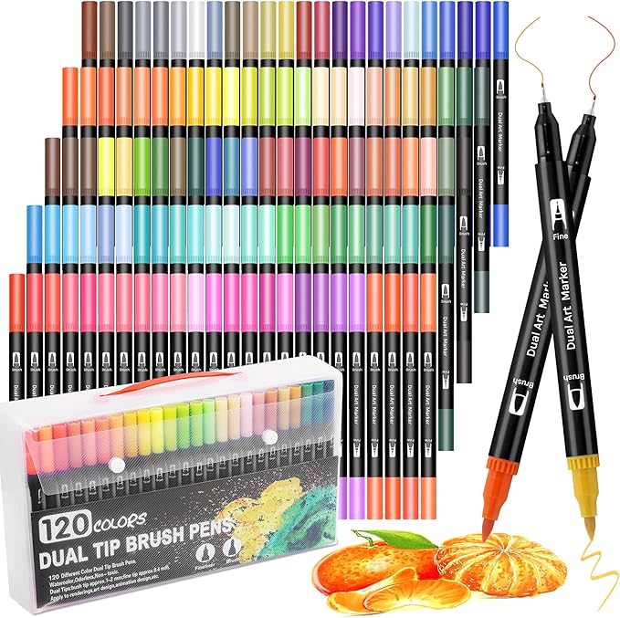 Art Markers Pens Brush Tip - 120 Color Dual Brush Pen and Fine Tip Marker for Coloring Drawing Journaling Lettering - Markers for Adults Kids Coloring Books No Bleeding Art Supplies Set