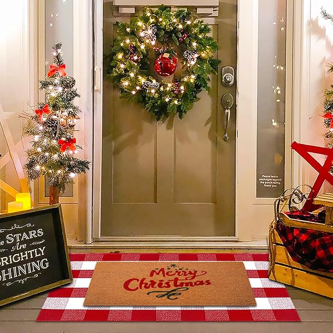 Christmas Red and White Plaid Rug, 28 x 43 Inches Cotton Hand-Woven Layered Door Mat for Front Porch, Entryway, Outdoor Holiday Decor, Washable Buffalo Check Rug for Home, Patio, Kitchen