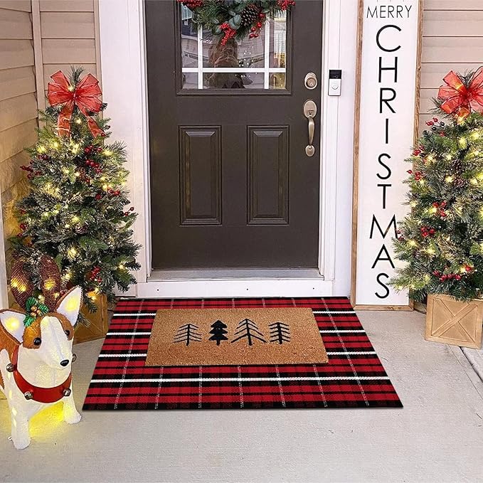Christmas Red Buffalo Plaid Door Mats Outdoor 2'X3', Cotton Front Door Rug Machine Washable Indoor/Outdoor Area Rug Farmhouse Throw Rug for Layered Door Mats/Porch/Entryway/Kitchen/Bathroom