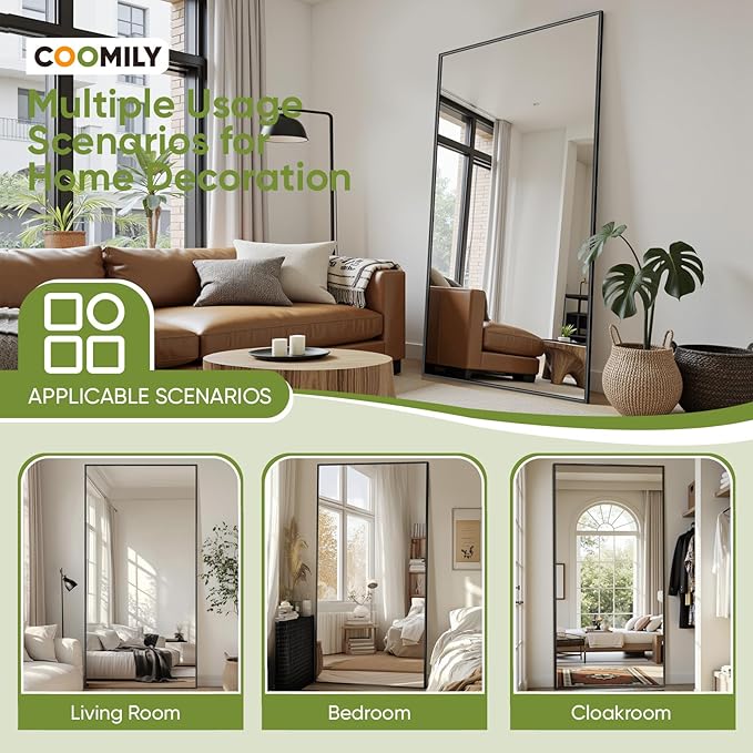 Full-Length Floor Mirror with Stand, 59"x16" Rectangle Style Full Body Standing Mirror for Bedroom, Living Room, Gym, Dorm - Shatter-Resistant & Easy Assembly, Black