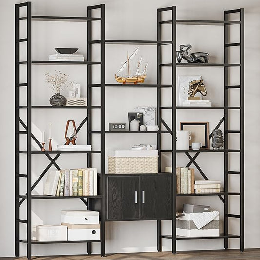 70x78 “ Triple 6 Tier Book Shelf, Industrial Large Bookcase with Storage Cabinet, Tall Bookshelf with 16 Open Display Shelves Metal Frame Furniture for Living Room Bedroom Home Office Black