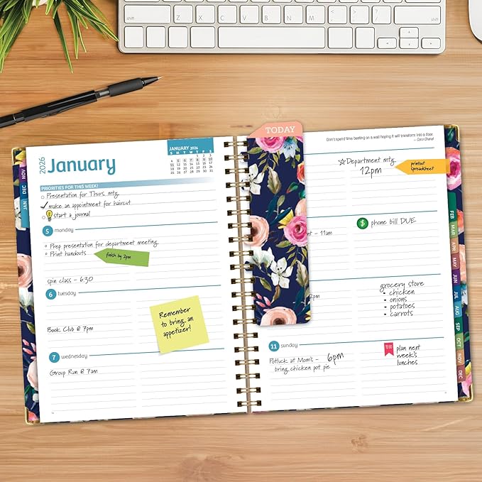 HARDCOVER 2026 Planner, 8.5"x11": 14 Months (November 2025 - December 2026), Daily Weekly Monthly Planner, Yearly Agenda, Bookmark, Pocket Folder and Sticky Note Set (Small Navy Floral)